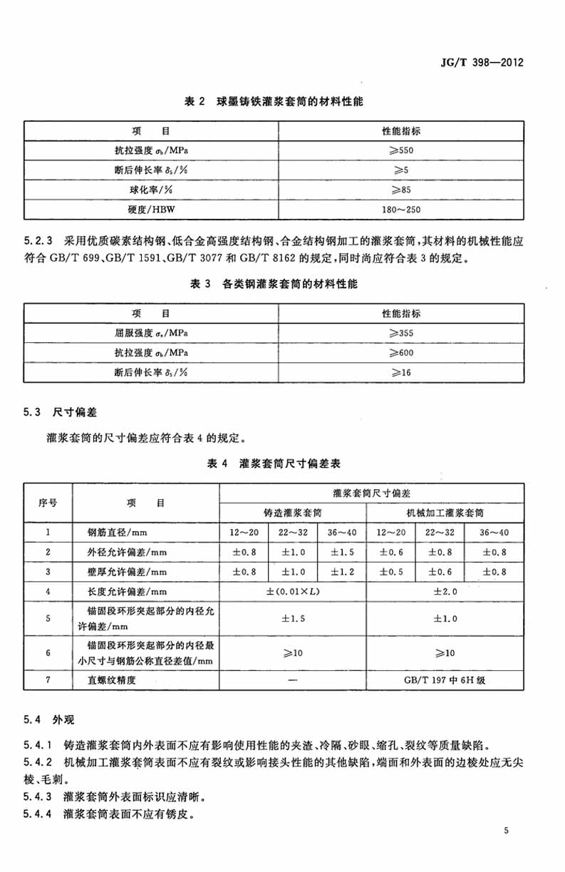 JGT398-2012鋼筋連接用灌漿套筒操作規(guī)范標(biāo)準(zhǔn)